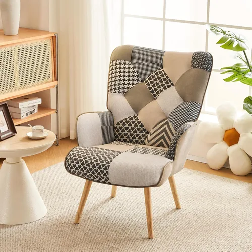 Vista 11 de Silla de Acento, Silla de Sala de Estar, Sillón Moderno de Respaldo Alto, Sillas de Lectura de Patchwork Colorido para Dormitorio, Silla de Descanso