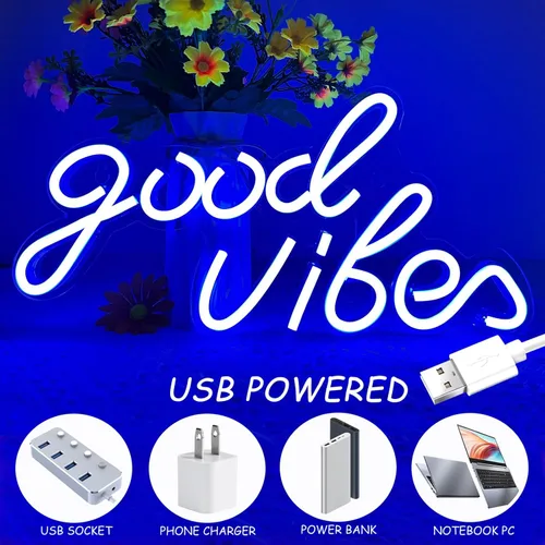 Vista 3 de Good Vibes - Letrero de neón LED para decoración de pared, luces de neón azules para dormitorio y fiesta, luz de neón brillante alimentada por USB