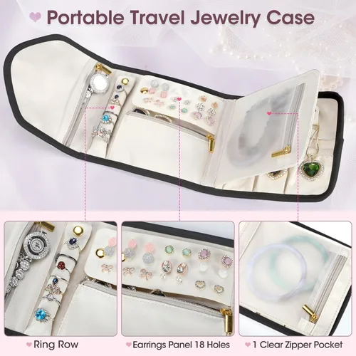 Vista 3 de Joyero organizador para mujeres y niñas, 2 capas de viaje con rollo de joyería plegable, juego de almacenamiento de joyas de cuero para anillos