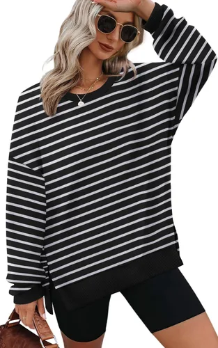 Vista 13 de XIEERDUO Sudaderas de gran tamaño para mujer, estilo casual, cuello redondo, manga larga, cómodas 01-Negro