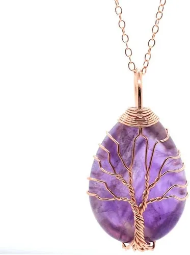 Vista 5 de Colgante de piedra de reiki de cristal curativo hecho a mano con alambre envuelto en árbol de la vida, collar de cadena de amatista 2892E (Amethyst)