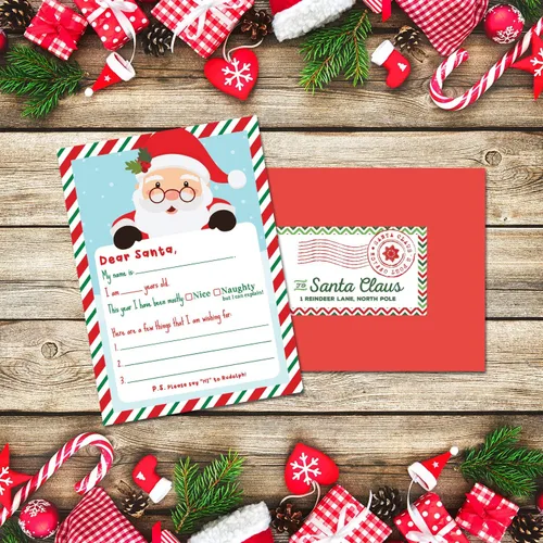 Vista 2 de Pink Pixie Studio Kit de escritura de lista de deseos de Navidad de Carta a Santa - Paquete de 5 tarjetas en blanco de 5 x 7 con sobres rojos
