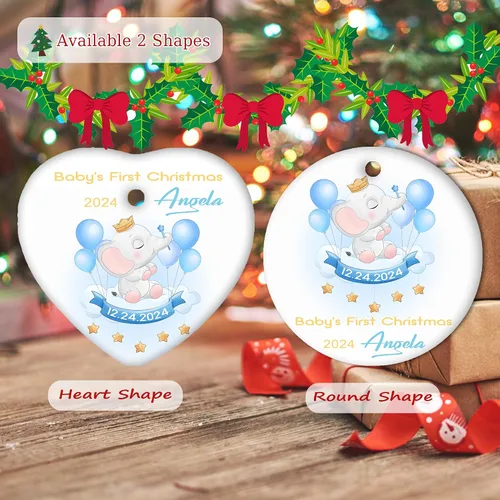 Vista 5 de Adornos personalizados para la primera Navidad del bebé 2024 con nombre y texto, adorno de elefante personalizado para bebés recién nacidos