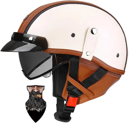 Vista 7 de Casco Moto Retro Jet Vintage DOT Homologado para adultos, hombres y mujeres, forro transpirable desmontable, Visera Retráctil PC y hebilla rápida