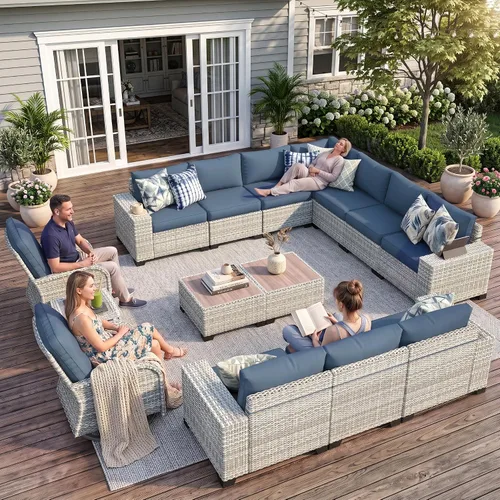 Vista 28 de Muebles de patio al aire libre conjunto PE mimbre ratán al aire libre sofá seccional Gris