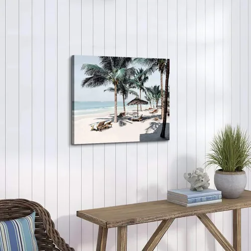 Vista 5 de Lienzo decorativo para pared, diseño de palmeras en la playa con temática de paisaje marino tropical moderno, impresión fotográfica sobre lienzo