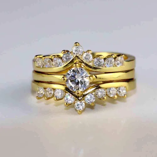 Vista 2 de Juego de 3 anillos de boda chapados en oro blanco para mujer, anillos de compromiso redondos de circonita azul