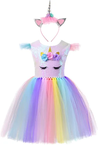 Vista 7 de PinkBeautiM Vestido tutú de unicornio para niñas, disfraz de unicornio de lentejuelas para niña con diadema, vestidos de fiesta de cumpleaños de 3 a