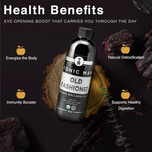 Vista 4 de Tonic Man Tónico orgánico de bienestar antiguo hecho con vinagre de sidra de manzana crudo, zumos de manzana y uva orgánicos kosher con 12 hierbas