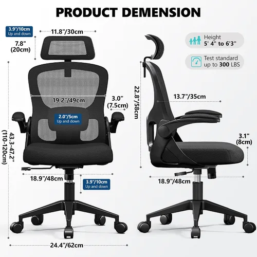 Vista 3 de Silla de oficina ergonómica, silla de escritorio de malla con reposacabezas ajustable y soporte lumbar, silla de computadora con ruedas con Negro