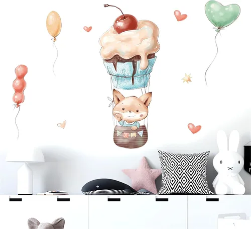 Vista 2 de Calcomanías de pared de dibujos animados con globos de zorro lindo bebé Globos coloridos de vinilo extraíble de animales para niños, guardería