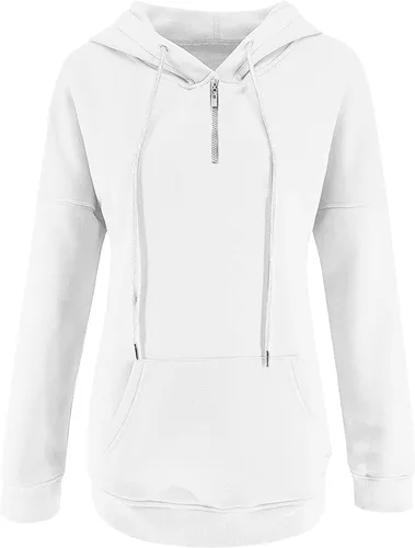 Vista 2 de Sudadera con capucha y media cremallera para mujer, con cordón, atlética, moderna, con bolsillo frontal, manga larga, para otoño