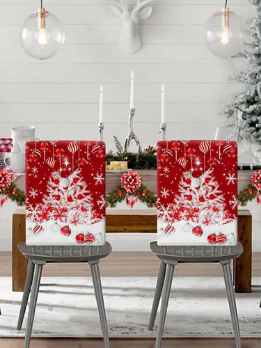 Vista 5 de Fundas para respaldo de silla de comedor, bolas de Navidad con diseño de copo de nieve en color rojo de invierno, fundas para sillas de cocina Árbol