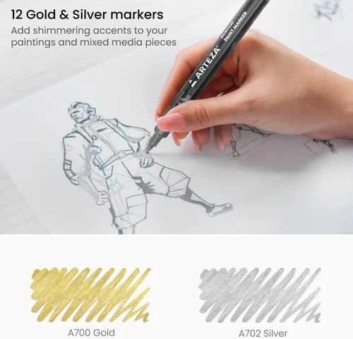 Vista 3 de ARTEZA Marcadores de pintura acrílica metálica, juego de 12 (6 dorados + 6 plateados), puntas extrafinas de 0.069 pulgadas, bolígrafos de pintura a