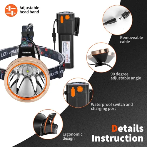 Vista 3 de Linterna de cabeza LED recargable de alta potencia - linterna frontal ajustable impermeable, linterna frontal de manos libres para camping