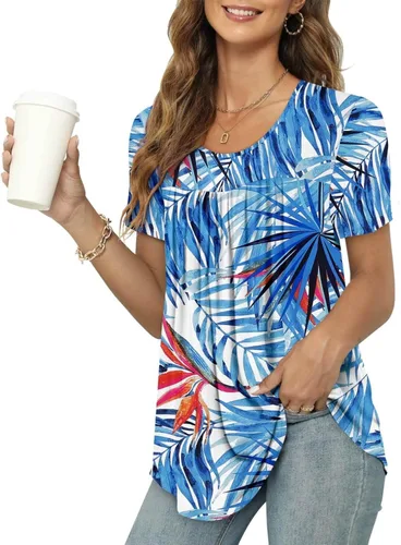 Vista 2 de ONLYSHE Blusa de manga corta para mujer, cuello en U, holgada, con volantes, plisada, túnica para leggings