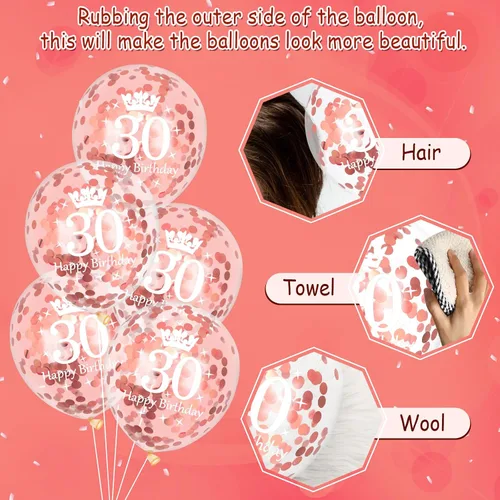 Vista 7 de Globos de látex de cumpleaños número 30, 15 globos de oro rosa con el texto en inglés "Happy 30th Birthday", globos de decoración de fiesta