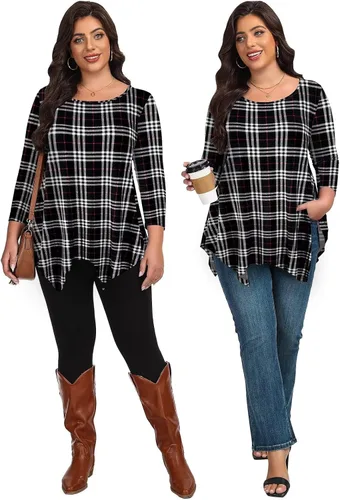 Vista 2 de LARACE - Camisa de talla extragrande para mujer, camisa tipo túnica con manga 3/4, ajuste holgado, ropa básica para mujer 2-negro_cuadros