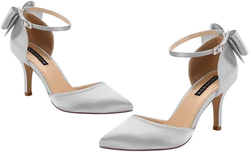 Vista 2 de ERIJUNOR Zapatos de fiesta de noche cómodos, tacones medios, con lazo y nudo al tobillo, anchos, zapatos de satén