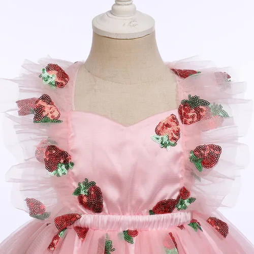 Vista 4 de Vestido para sesión de fotos de fiesta de cumpleaños con espalda descubierta para bebé, niña, mariposa, fresa, volantes, princesa, pastel, fiesta