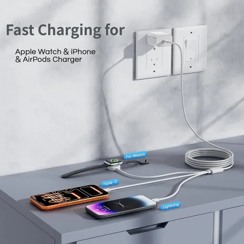 Vista 6 de Cable de carga Apple Watch 3 en 1, cable de carga magnético rápido de 1.8 m iWatch/USBC/Lightning a USB C y bloque de pared tipo C para iWatch