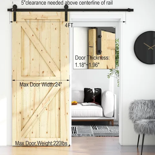 Vista 3 de Kit de herrajes para puerta corrediza de granero de 4 pies, puerta de madera individual, silencioso y fácil de instalar, se adapta a paneles de 24