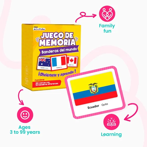 Vista 2 de Menique, Juego de Memoria de Banderas del Mundo en español, para niños y adultos. Banderas del Mundo, Juego de Memoria en español, para niños