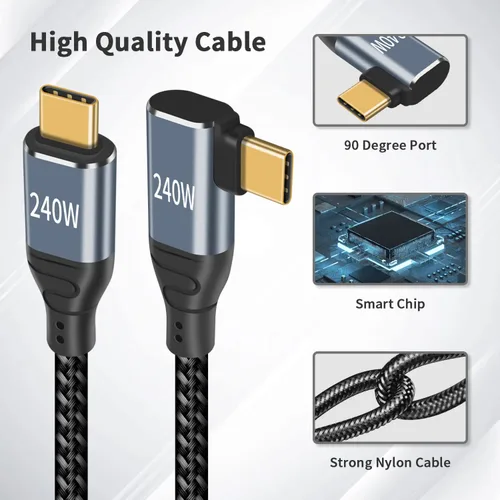 Vista 6 de Duttek Cable de carga USBC en ángulo recto de 6.6 pies/6.6 ft, cable USB C de 240 W, cable de carga rápida, USB tipo C macho a macho, cable trenzado