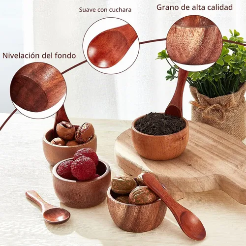 Vista 3 de Didaey 8 cuencos pequeños de madera para sumergir condimentos, pequeños cuencos de madera para servir de 3.2 x 2.4 pulgadas con 8 cucharas