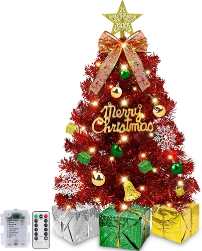 Vista 10 de Timer - 24 Inch/2 FT Blue Tabletop Christmas Tree with Lights 8 Modes Mini árbol de Navidad pequeño, 20 luces blancas cálidas, 20 cajas de Azul