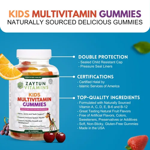 Vista 5 de Zaytun Vitamins Gomitas multivitamínicas Halal para niños y adultos, apoyo nutricional diario completo para la familia, vegetariano, apoya