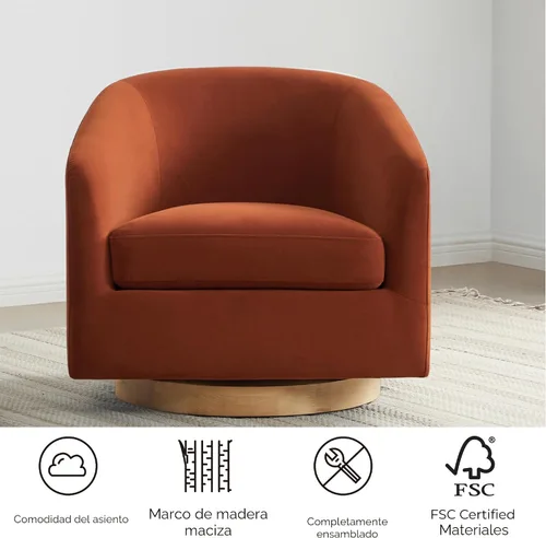 Vista 7 de CHITA Silla Giratoria de Acento, Silla Barrel Tapizada en Terciopelo con Certificación FSC para Sala de Estar, Completamente Ensamblada, Naranja