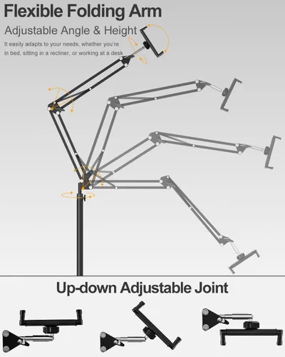 Vista 8 de Soporte de suelo para tablet con base estable de 11 libras y abrazadera de escritorio, brazo giratorio de altura ajustable, compatible con iPhone