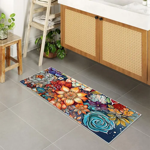 Vista 7 de Juego de 2 tapetes de cocina coloridos y bohemios con diseño floral, antideslizantes, gruesos, bohemios, con flores, acolchados, antifatiga, tapetes