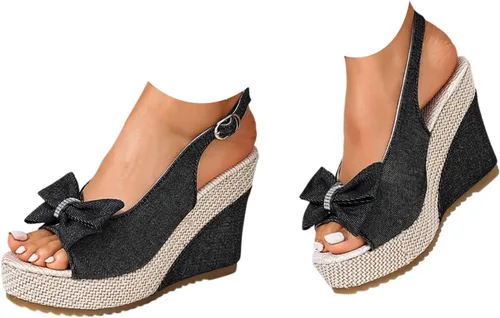 Vista 11 de Sandalias de cuña de mezclilla para mujer 2026 con puntera abierta, alpargatas con lazo, zapatos casuales de playa de verano para viajes, fiestas