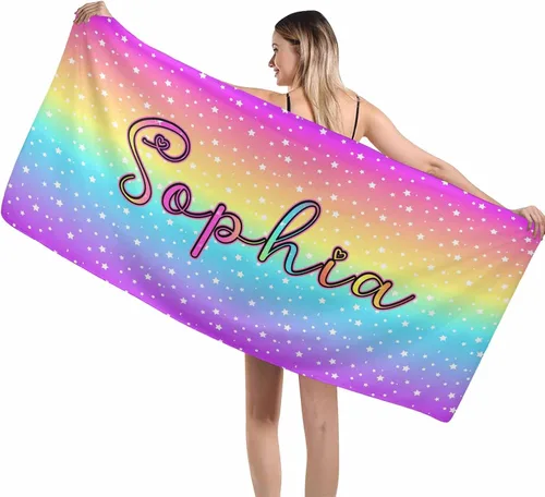 Vista 14 de MyPupSocks Toalla colorida personalizada para niños – Color arcoíris personalizada para viajes, playa, piscina y toallas de baño, toalla con nombre