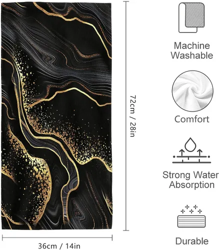 Vista 2 de Juego de 2 toallas de mano de baño con textura de mármol, suaves, absorbentes, negras y doradas, toallas decorativas para baño, cocina, deportes