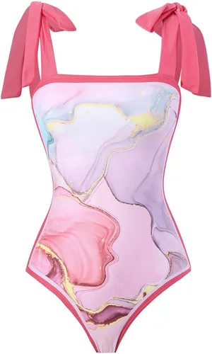 Vista 9 de Women Swimsuits Abstract Printing Notched Square/V Neck Floral Vacation One Piece with Cover Up
