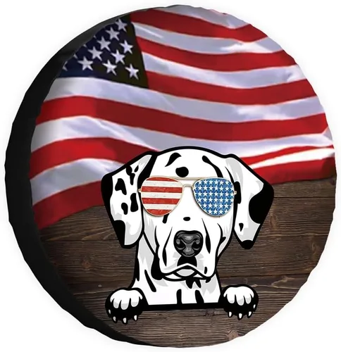 Vista 11 de Cubierta de neumático de repuesto para perro salchicha con gafas de sol con bandera de Estados Unidos, fundas protectoras de ruedas a prueba