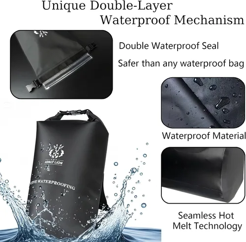 Vista 2 de Bolsa seca impermeable 5L/10L/20L - Mochila impermeable enrollable para kayak con doble cierre de cremallera y correa de hombro ajustable, Negro, 5