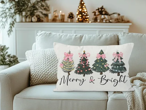 Vista 2 de Fundas de almohada rosas de Navidad de 16 x 24 pulgadas, fundas de almohada decorativas para dormitorio, habitación, sofá, funda de almohada lumbar