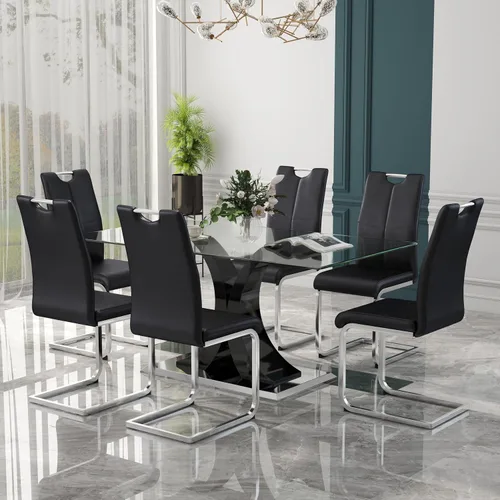 Vista 16 de Juego de comedor moderno de vidrio de lujo de 5 piezas, juego de cena rectangular minimalista grande para 4, juego de mesa de cocina de vidrio
