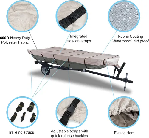 Vista 2 de 600D Funda para Bote Jon de Servicio Pesado Impermeable Grado Marino Resistente a UV Correas Laterales Ajustables Reforzadas