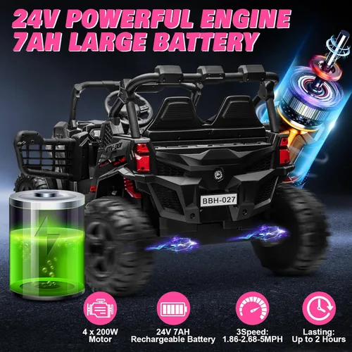 Vista 3 de Camión de 2 plazas de 24 V con 4 x 200 W, asiento espacioso de 20 pulgadas, conmutable 4WD/2WD, velocidad máxima de 5 Mph, luces arcoíris, control