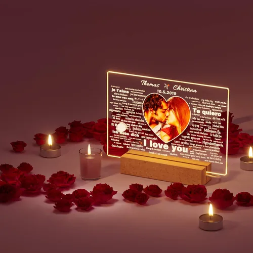 Vista 4 de Bemaystar Regalos personalizados para novia, novio, 100 idiomas con texto en inglés "I Love You", luz nocturna con imagen, aniversario, San