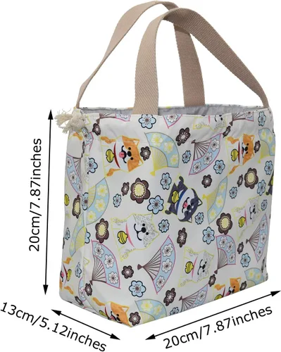 Vista 2 de Mini bolsa de almuerzo reutilizable pequeña linda bolsa de almuerzo con cordón adecuado para niñas, mujeres, perros, beige
