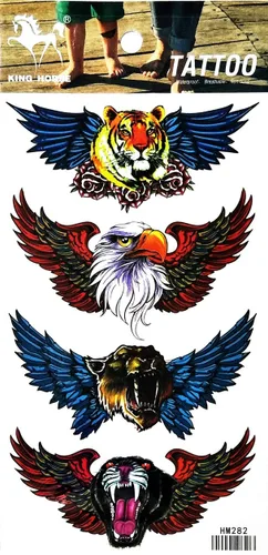 Vista 2 de Tatuajes 2 hojas de tatuaje temporal 3D tigre águila animal alas mosca para mujeres hombres espalda baja hombro cuello brazo tatuaje etiqueta fiesta