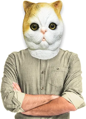 Vista 2 de Off the Wall Toys Máscara facial espeluznante divertida para adultos, disfraz de gato de pelo corto, color blanco y naranja