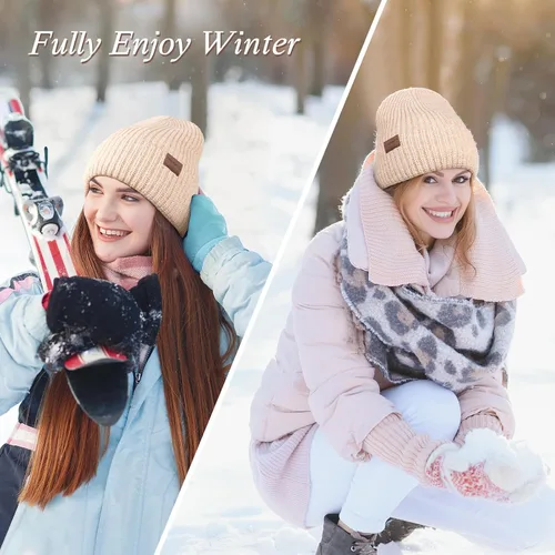 Vista 6 de Gorro de invierno para mujer doble capa con forro grueso, suave, cómodo, resistente al viento, cálido, gorro de invierno para regalo