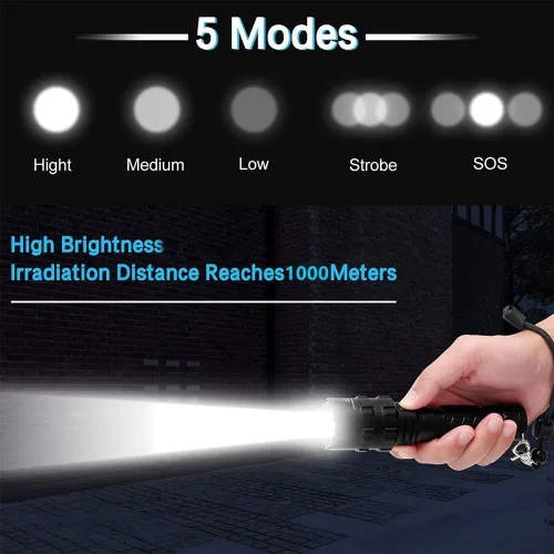 Vista 2 de Linterna táctica con montaje en riel, linterna LED recargable, luz de antorcha súper brillante, 5 modos, impermeable, interruptor de presión